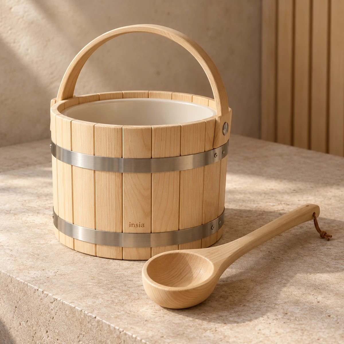 İnsia Ahşap Sauna Kova ve Kepçe Seti